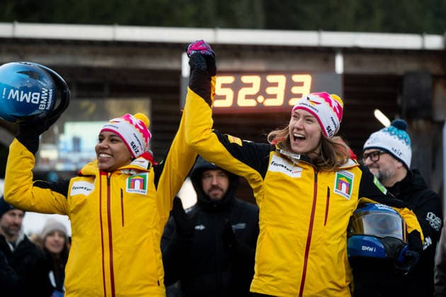 NOLTE Laura, LEVI Deborah Germany celebrate victory in the race and overall World Cup, GER, IBSF Bobsleigh World Cup Altenberg, two-man bobsleigh women, 2025 2026 season, 18 01 2026 GER, IBSF Bobsleigh World Cup Altenberg, two-man bobsleigh women, 2025 2026 season, 18 01 2026 Altenberg Copyright: xEibner-Pressefoto Memmlerx EP_MMR