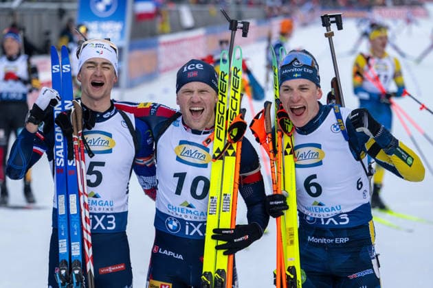 The three on the podium, from l Eric Perrot FRA , Johannes Dale Skjevdal NOR and Martin Ponsiluoma SWE xettx, Germany, Ruhpolding, 18 01 2026, Biathlon, IBU World Cup Ruhpolding, 2025 2026, Men 12 5km pursuit, Chiemgau Arena