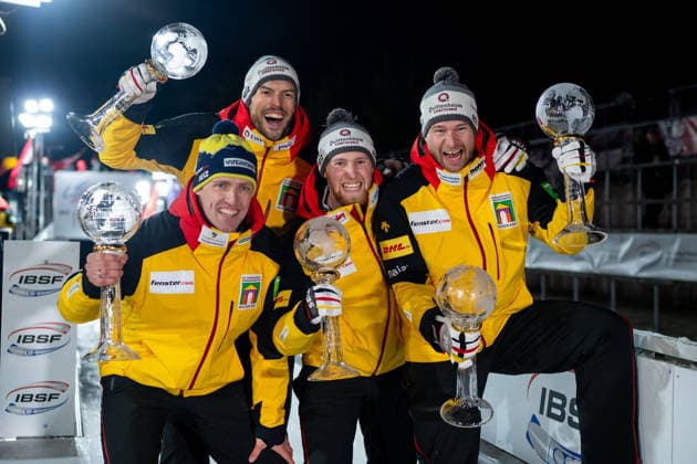LOCHNER Johannes, MARGIS Thorsten, WENZEL Joern, FLEISCHHAUER Georg Germany celebrate overall World Cup victory with crystal globe, GER, IBSF Bobsleigh World Cup Altenberg, 4-man bobsleigh men, 2025 2026 season, 18 01 2026 GER, IBSF Bobsleigh World Cup Altenberg, 4-man bobsleigh men, 2025 2026 season, 18 01 2026 Altenberg Copyright: xEibner-Pressefoto Memmlerx EP_MMR