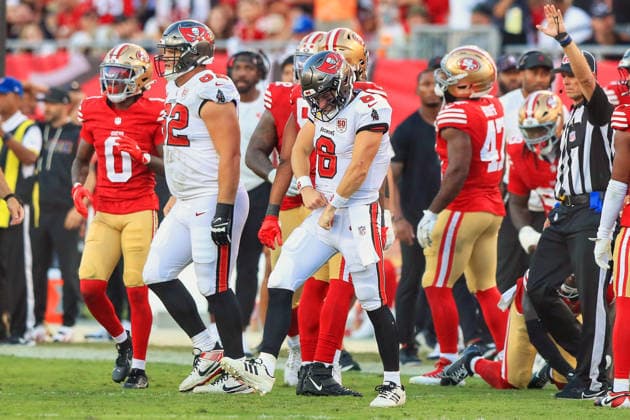 TAMPA, FL - OCTOBER 12: Tampa Bay Buccaneers Quarterback Baker Mayfield (6) celebrates along the sidelines after a first down scramble during the Regular Season game between the San Francisco 49ers and the Tampa Bay Buccaneers on October 12, 2025 at Raymond James Stadium in Tampa, Florida. (Photo by Cliff Welch Icon Sportswire) NFL, American Football Herren, USA OCT 12 49ers at Buccaneers EDITORIAL USE ONLY Icon357251012011