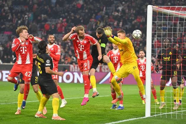 Goal Harry KANE Bayern Muenchen after goal to 1 0, action,header against Christian BURGESS Saint Gilloise and goalkeeper Kjell SCHERPEN Saint Gilloise penalty area scene football Champions League,season 2025 26, league phase FC Bayern Muenchen Royale Union Saint Gilloise on 21 01 2026