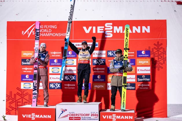 OBERSTDORF, GERMANY FIS Ski Flying World Championship 2026 competition HS 235 on 24 01 2026 on the Heini Klopfer ski flying hill in Oberstdorf Winner presentation f l Marius Lindvik from Norway 2 place , Domen Prevc from Slovenia 1 place , Ren Nikaido from Japan 3 place in the outrun