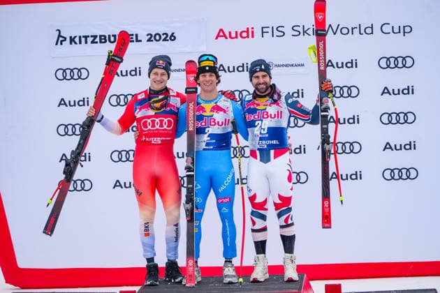 Alpine Skiing, FIS SKI ALPIN, Alpine Skiing, Ski World Cup Men 2025 2026, Downhill Hahnenkamm Race Streif FIS World Cup Race Kitzbühel Tirol , Austria Award ceremony with MUZATON Maxence Rossignol, France , ODERMATT Marco Stoeckli, Switzerland and FRANZONI Giovanni Rossignol, Italy Copyright: xLukasxBierederx