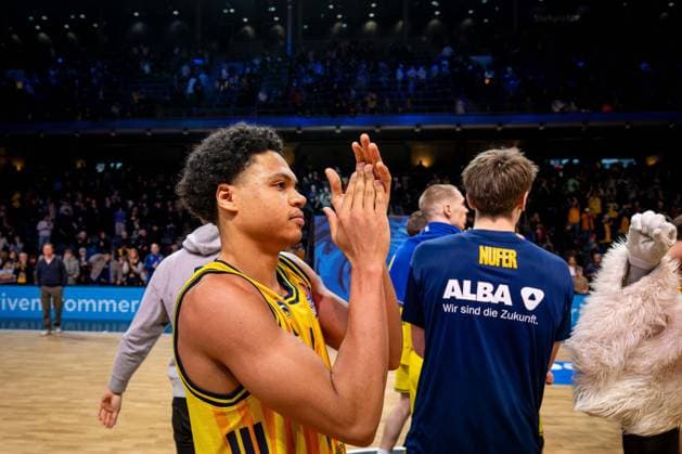 Basketball Berlin 25 01 2026 Season 2025 2026 EasyCredit BBL 1 Bundesliga Men, Men Alba Berlin BMA365 Bamberg Baskets Jack Kayil Alba Berlin, No 07 Jubel