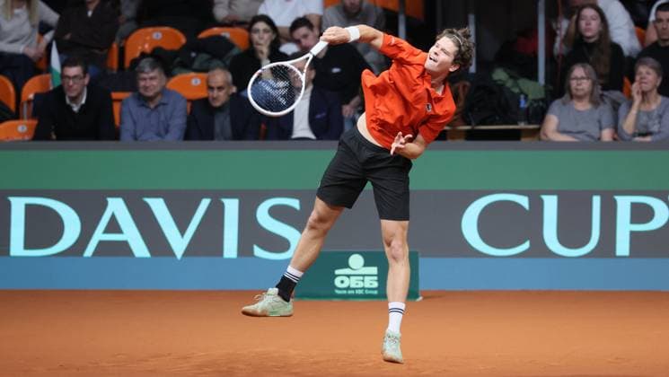 Belgian Alexander Blockx pictured in action during a tennis match against Bulgarian Radulov, during the qualifier of the Davis Cup on Saturday 07 February 2026, in Plovdiv, Bulgaria. Belgium will compete this weekend in the Davis Cup qualifiers against Bulgaria. BENOITxDOPPAGNE  x161754275x