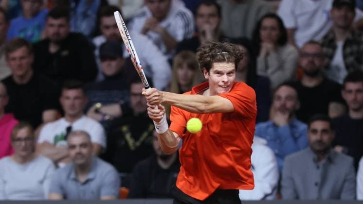 Belgian Alexander Blockx pictured in action during a tennis match against Bulgarian Radulov, during the qualifier of the Davis Cup on Saturday 07 February 2026, in Plovdiv, Bulgaria. Belgium will compete this weekend in the Davis Cup qualifiers against Bulgaria. BENOITxDOPPAGNE  x161769671x