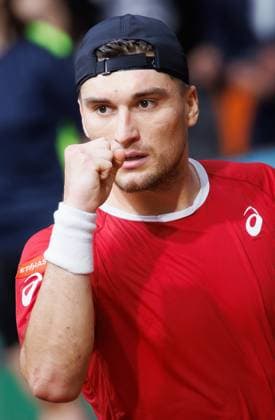 Belgian Raphael Collignon reacts during a tennis match against Bulgarian Vasilev, during the qualifier of the Davis Cup on Saturday 07 February 2026, in Plovdiv, Bulgaria. Belgium will compete this weekend in the Davis Cup qualifiers against Bulgaria. BENOITxDOPPAGNE  x161791951x