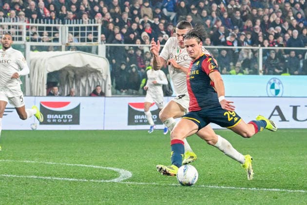 Genoa™s Lorenzo Colombo scores a goal during the Serie A soccer match between Genoa and Napoli at the Luigi Ferraris Stadium in Genoa, Italy - Saturday, February 07, 2026. - Soccer .  Copyright: xTanoxPecoraro LaPressex