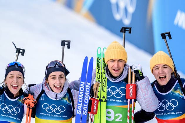260208 Vanessa Voigt, Franziska Preuss, Philipp Nawrath and Justus Strelow of Germany celebrate after competing in biathlon mixed relay during day 2 of the 2026 Winter Olympics on February 8, 2026 in Anterselva Photo Mathias Bergeld BILDBYRAN code MB MB1316 biathlon biathlon biathlon olympic games olympics olympics winter olympics os ol olympic games winter os olympic games milano cortina 2026 milan cortina 2026 milano cortina 2026 olympic games milano cortina 2026 winter olympic games milano cortina os milano cortina ol winter ol 2 bbeng mixed relay relay mixed relay germany cheers  Copyright: MATHIASxBERGELD BB260208MB042