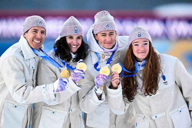 ANTERSELVA, ITALY 20260208 The French team wins the mixed 4x6 km biathlon relay during the Winter Olympics in Anterselva, Italy From left Julia Simon, Lou Jeanmonnot, Quentin Fillon Maillet and Eric Perrot ANTERSELVA ITALY x10050x  Copyright: xPontusxLundahl TTx 2026 OLYMPICS BIKASTING