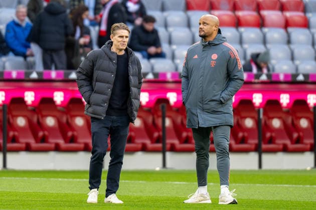 Christoph Freund, Sporting Director FC Bayern Muenchen, Head Coach Vincent Kompany FC Bayern Muenchen come on the pitch, FC Bayern Muenchen TSG Hoffenheim, Football, Bundesliga, 21 Matchday, 08 02 2026 DFB regulations prohibit any use of photographs as image sequences and or quasi video Muenchen Bayern Germany Copyright: xkolbert-press UlrichxGamelx