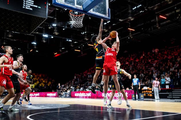 08 02 2026 Basketball Season 2025 2026 2 Bundesliga Pro A 22 Matchday Nuremberg Falcons Basketball Club NBC Bozic Estriche Knights Kirchheim ThHa xthxhax Tom Stoiber 28, Nuremberg Falcons BC NBC Tylan Pope 9, Kirchheim Knights