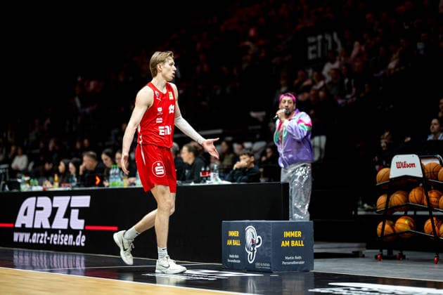 08 02 2026 Basketball Season 2025 2026 2 Bundesliga Pro A 22 Matchday Nuremberg Falcons Basketball Club NBC Bozic Estriche Knights Kirchheim ThHa xthxhax Trevor Baskin 22, Nuremberg Falcons BC NBC gets excited