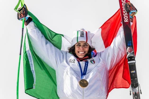 260212 Federica Brignone of Italy celebrates with her gold medal after competing in women™s super G alpine skiing during day 6 of the 2026 Winter Olympics on February 12, 2026 in Cortina Photo Jon Olav Nesvold BILDBYRAN COP 217 JE0121 alpine alpine skiing olympic games olympics winter olympics os ol olympiska spel vinter os olympiske leker milano cortina 2026 milan cortina 2026 milano cortina 2026 olympic games milano cortina 2026 winter olympic games milano cortina os milano cortina ol vinter ol 6 bbeng dam guld gold  Copyright: JONxOLAVxNESVOLD BB260212JE037