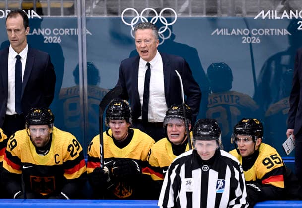 KREIS Harold Trainer with DRAISAITL Leon Team GER Ice Hockey Preliminary Round Match Germany Denmark Olympics Olympic Winter Games 2026 Milan Cortina 06 February 22, 2026 in Italy on February 12, 2026 in Milan Copyright: xx