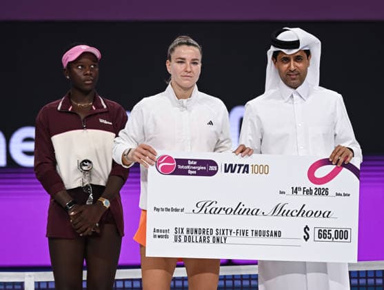 Qatar TotalEnergies Open 2026 Final, victory ceremony, winner Karolina Muchova M, CZE and and runner up Victoria Mboko l, CAN Karolina Muchova CZE