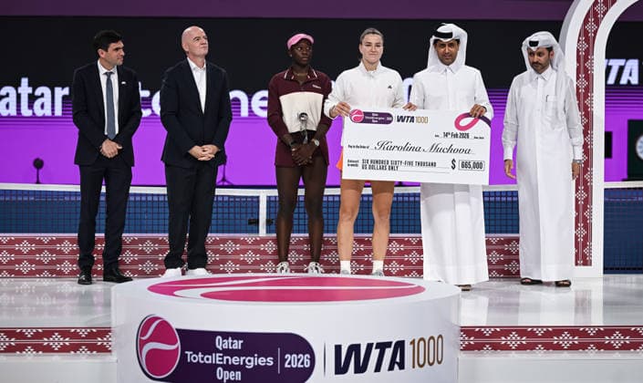 Qatar TotalEnergies Open 2026 Final, victory ceremony, winner Karolina Muchova r, CZE and runner up Victoria Mboko l, CAN Karolina Muchova CZE , Victoria Mboko CAN