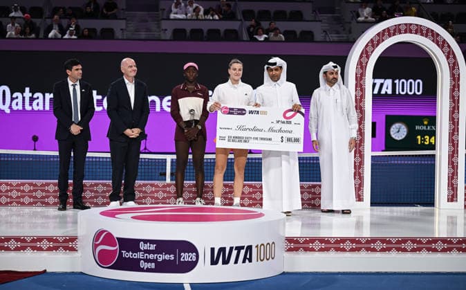 Qatar TotalEnergies Open 2026 Final, victory ceremony, winner Karolina Muchova r, CZE and runner up Victoria Mboko l, CAN Karolina Muchova CZE , Victoria Mboko CAN