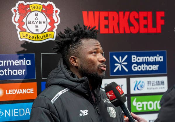 Edmond TAPSOBA Bayer 04 Leverkusen, 12 after the match in an interview 14 02 2026, Bayer Leverkusen FC St Pauli, Football, 1 Bundesliga, GER, Leverkusen, BayArena DFL regulations prohibit any use of photographs as image sequences and or quasi video Copyright: HMBxMedia xMarcoxBader