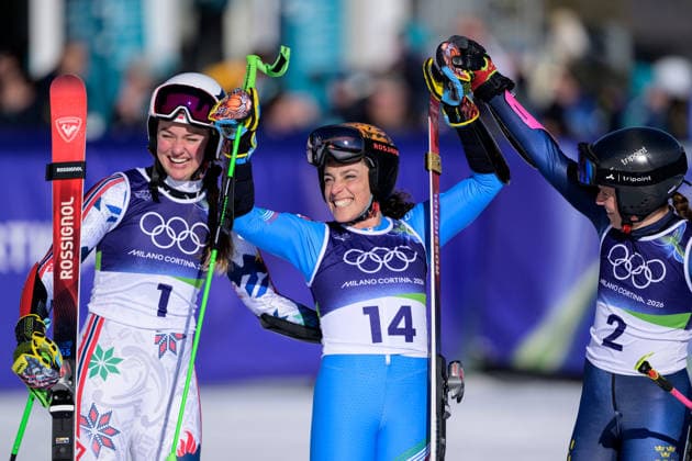 260215 Thea Louise Stjernesund of Norway , Sara Hector of Sweden and Federica Brignone of Italy celebrate after competing in women s alpine skiing giant slalom during day 9 of the 2026 Winter Olympics on February 15, 2026 in Cortina Photo Joel Marklund BILDBYRAN kod JM JM0793 bbeng alpine alpine skiing olympic games olympics winter olympics os ol olympiska spel vinter os olympiske leker milano cortina 2026 milan cortina 2026 milano cortina 2026 olympic games milano cortina 2026 winter olympic games milano cortina os milano cortina ol vinter ol giant slalom storslalom storslalam dam italien sverige jubel  Copyright: JOELxMARKLUND BB260215JM162