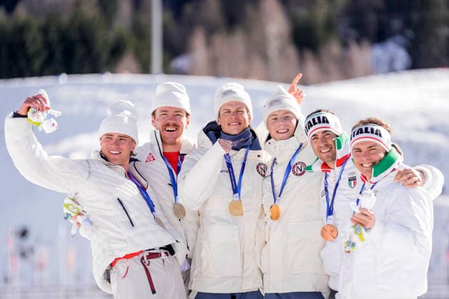 Winter Olympics in Milan Cortina 2026 Val di Fiemme, Italy 20260218 Ben Ogden and Gus Schumacher from the USA, Johannes Hosflot Klaebo and Einar Hedegart from Norway, Federico Pellegrino and Elia Barp from Italy on the podium after the cross country team sprint at Lago di Tesero during the Winter Olympics in Milano Cortina 2026 Photo Terje Pedersen NTB Val di Fiemme Italy EDITORIAL USE ONLY RESTRICTED USE FOR BETTING COMPANIES  Copyright: xTerjexPedersenx xNTBx