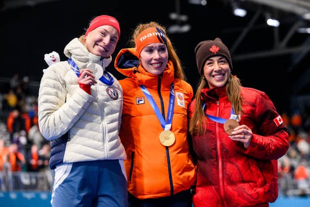 260220 Ragne Wiklund of Norway, Antoinette Rijpma de Jong of Netherlands and Valerie Maltais of Canada celebrate with their medals after the women s 1500 meter speed skating during day 14 of the 2026 Winter Olympics on February 20, 2026 in Milan Photo Emma Wallskog BILDBYRAN code EW EW0645 skates speed skating olympic games olympics winter olympics os ol olympic games winter os olympic games milano cortina 2026 milan cortina 2026 milano cortina 2026 olympic games milano cortina 2026 winter olympic games milano cortina os milano cortina ol winter ol 14 bbeng jubel celebration norge guld gold os guld silver bronze bronzes  Copyright: EMMAxWALLSKOG BB260220EW059