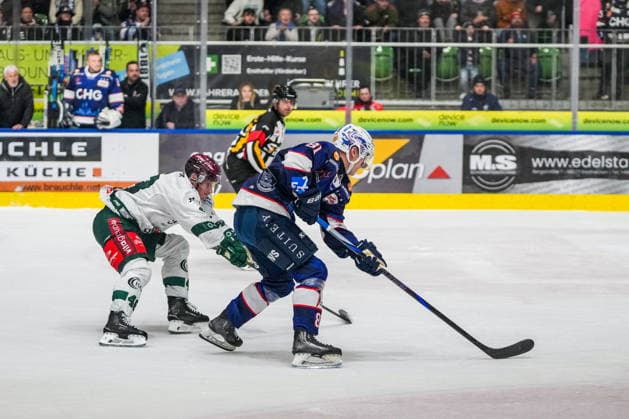 Battle for the puck duel between Maxim Scholl Ravensburg Towerstars, 81 and Maximilian Adam Starbulls Rosenheim, 48 , GER, Ravensburg Towerstars vs Starbulls Rosenheim, Ice field hockey, DEL2, Season 2025 2026, Matchday 47, Main round, 20 02 26 GER, Ravensburg Towerstars vs Starbulls Rosenheim, Ice field hockey, DEL2, Season 2025 2026, Matchday 47, Main round, 20 02 26 Ravenburg Copyright: xEibner-Pressefoto MaximilianxRisx EP_MRT