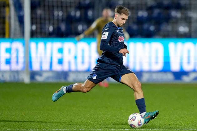 Luka Djuric Duric, TSG II, 10 , on the ball, cropped, full body, single image, single photo, action, action, 22 02 2026, Sinsheim Germany , Football, 3 Liga, TSG 1899 Hoffenheim II FC Viktoria Köln, DFB DFL REGULATIONS PROHIBIT ANY USE OF PHOTOGRAPHS AS IMAGE SEQUENCES AND OR QUASI VIDEO xozx