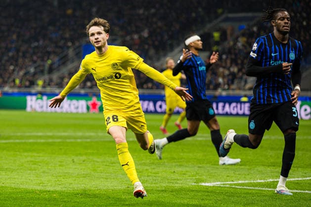 260224 Hakon Evjen of Bodo Glimt celebrates after scoring the 0 2 goal during the UEFA Champions League football match between Inter and Bodo Glimt on February 24, 2026 in Milan Photo Marius Simensen BILDBYRAN COP 238 MM0057 bbeng bodo glimt fc internazionale milano football fotball fotboll inter jubel mesterligaen soccer uefa champions league  Copyright: MARIUSxSIMENSEN BB260224BB663
