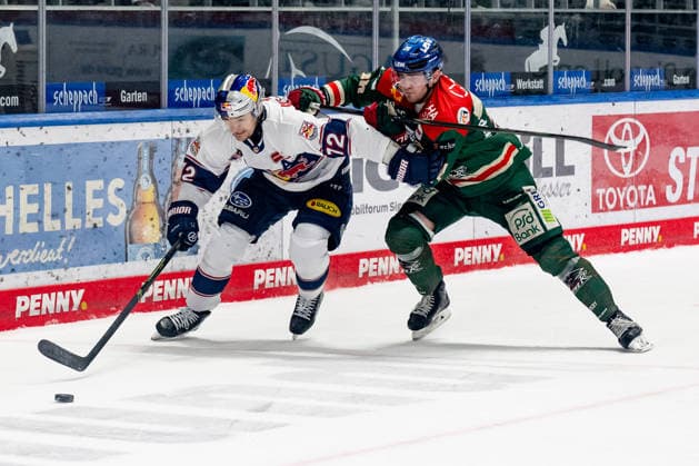 Battle for the puck duel between Brady Ferguson EHC Red Bull Muenchen, 12 and Alexander Blank Augsburger Panther, 26 GER, Augsburger Panther vs EHC Red Bull Muenchen, Ice Hockey, DEL, 46 Matchday, Season 2025 2026, 27 02 2026 GER, Augsburger Panther vs EHC Red Bull Muenchen, Ice Hockey, DEL, 46 Matchday, Season 2025 2026, 27 02 2026 Augsburg Copyright: xEibner-Pressefoto HeikexFeinerx EP_HFR