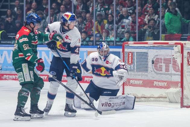 in duel, action, with Enrico Henriquez Morales 52 Augsburger Panther , Phillip Sinn 43 EHC Red Bull Muenchen , Antoine Bibeau 30 EHC Red Bull Muenchen , Augsburger Panther vs EHC Red Bull Muenchen, 46 Matchday, Ice Hockey, Penny DEL, 27 02 2026 Augsburg Bayern Germany Copyright: xkolbert-press DunjaxDietrichx