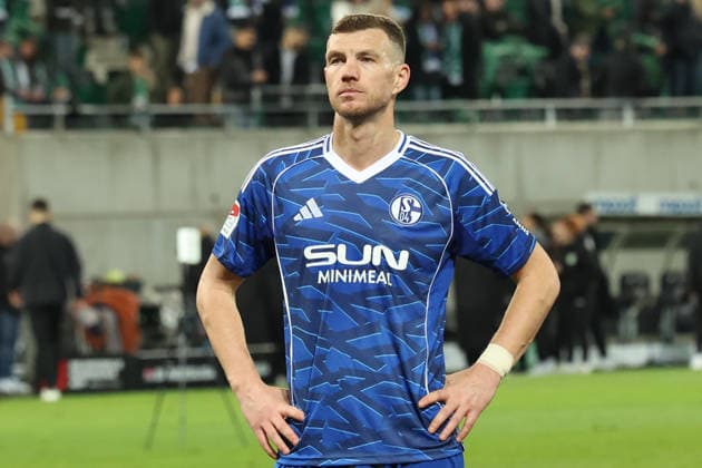 28 02 2026, xrekx, Fußball 2 Bundesliga, SpVgg Greuther Fuerth FC Schalke 04 v l Edin Dzeko FC Schalke 04 enttaeuscht, enttäuscht, schaut enttaeuscht, traurig, frustriert, niedergeschlagen, disappointed, sad, frustrated vor den Fans DFL DFB REGULATIONS PROHIBIT ANY USE OF PHOTOGRAPHS AS IMAGE SEQUENCES AND OR QUASI VIDEO Fuerth