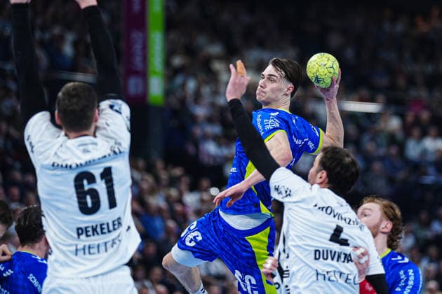 Throw Goal Miro Schluroff VfL Gummersbach, 15 GER, THW Kiel vs VfL Gummersbach, Handball, 1 Bundesliga, Matchday 23, Season 2025 2026, 28 02 2026 GER, THW Kiel vs VfL Gummersbach, Handball, 1 Bundesliga, Matchday 23, Season 2025 2026, 28 02 2026 Kiel Copyright: xEibner-Pressefoto MarcelxvonxFehrnx EP_MFN