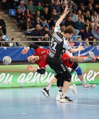 01 03 2026, Germany, Bietigheim Handball SG BBM Bietigheim vs HSG Nordhorn Lingen, f l Dominik Claus BBM , Luka Sokolic Nordhorn