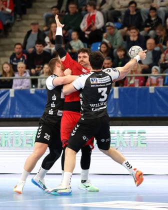 01 03 2026, Germany, Bietigheim Handball SG BBM Bietigheim vs HSG Nordhorn Lingen, Jonathan Fischer BBM , Christian Wilhelm Nordhorn