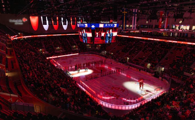 Ice Hockey, Swiss Ice Hockey Games, Switzerland Czech Republic Zurich, Switzerland, 13th Dec 2025 Thousands of spectators watched as Andres Ambuhl s banner was raised in the Swiss Life Arena in recognition of his sporting achievements It was held by goalkeeper 63 Leonardo Genoni and 43 Andrea Glauser Photo by Jonas Philippe dieBildmanufaktur
