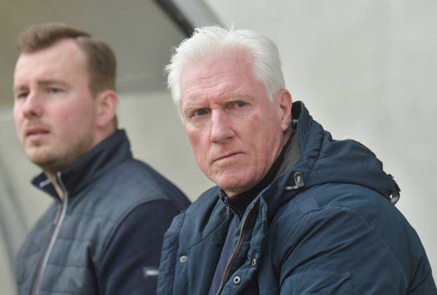 28 02 2026, GER, Soccer, Regionalliga West, Season 2025 2026, 24 Matchday, Häcker Wiehenstadion, Rödinghausen SV Rödinghausen FC Gütersloh 0 1 Rob Reekers Sporting Director FC Gütersloh , Action, Single image, Landscape, Facial expression, Gestures