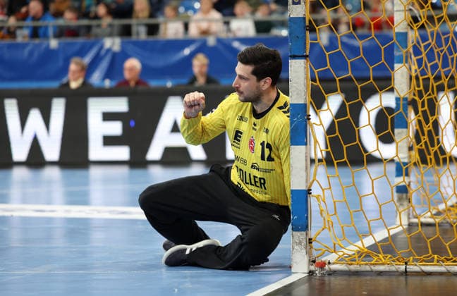 01 03 2026, Germany, Bietigheim Handball SG BBM Bietigheim vs HSG Nordhorn Lingen, Martin Tomovski BBM cheers and clenches his fist