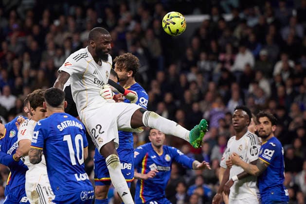 Antonio Rudiger Real Madrid CF and David Soria Getafe CF battle for the ball during the LaLiga EA Sports match between Real Madrid v Getafe CF at Santiago BernabÃ u on March 2, 2026 in Madrid, Spain Photo by Manu Reino DeFodi Images