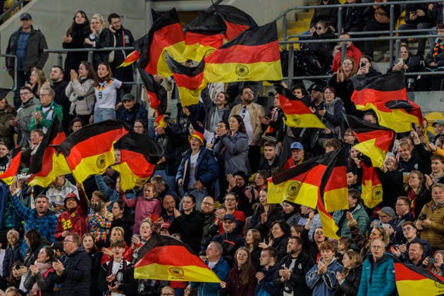 Dresden, Germany 03 March 2026 World Cup Qualification Women 2026 Germany vs Slovenia In the picture cheering fans waving flags, Germany flags DFB regulations prohibit any use of photographs as image sequences and or quasi video Rudolf Harbig Stadion Sachsen Copyright: xFotostandx xSchäferx