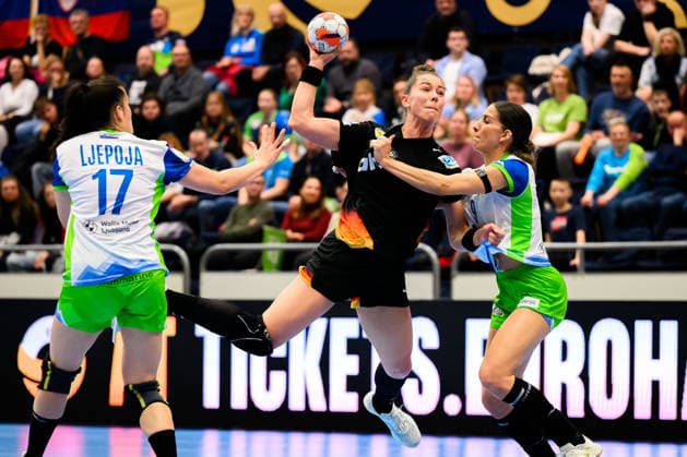 Handball, Women European Championship Qualification, Slovenia Germany, 2 Round, Group 3, Matchday 3 Natasa Ljepoja Slovenia , Emily Vogel Germany , Ana Abina Slovenia Celje Slovenia
