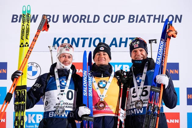 260306 Sturla Holm Laegreid of Norway, Eric Perrot of France and Vetle Sjaastad Christiansen of Norway celebrate on the podium after the men s 20 km individual during the IBU World Cup on March 6, 2026 in Kontiolahti Photo Kalle Parkkinen BILDBYRAN COP 211 KP0098 biathlon biathlon biathlon ibu world cup kontiolahti mens 20 km individual bbeng världscupen individuell individual jubel norge  Copyright: KALLExPARKKINEN BB260306ZU013