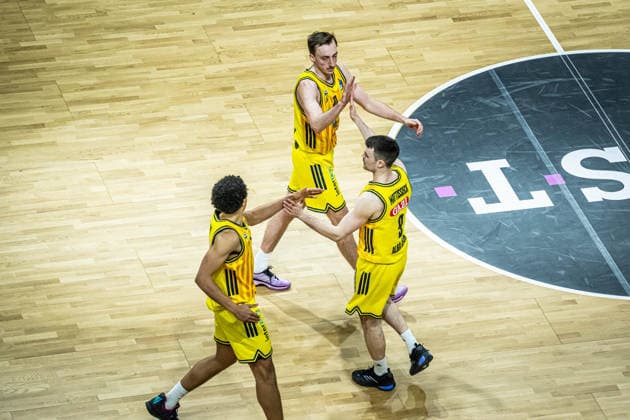 Basketball Berlin 08 03 2026 Season 2025 2026 EasyCredit BBL 1 Bundesliga Men, Men Alba Berlin Fitness First Würzburg Baskets Jonas Mattisseck Alba Berlin, No 09 Moses Wood Alba Berlin, No 11 Jack Kayil Alba Berlin, No 07