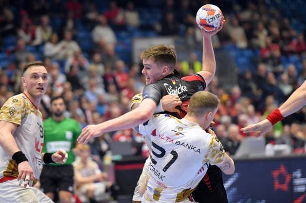Reynir Thor Stefansson MT Melsungen 19 on the ball , Marek Marciniak HC Vardar 21 , Wiktor Jankowski HC Vardar 78 L , GER, MT Melsungen HC Vardar 1961 PRO Skopje MKD , Handball, EHF European League Men, Main Round, Season 2025 2026, 10 03 2026, GER, MT Melsungen HC Vardar Skopje, Handball, EHF Men, Main Round, Season 2025 2026, 10 03 2026 Kassel Copyright: xEibner-Pressefotox xRolandxSippelx EP_RSL