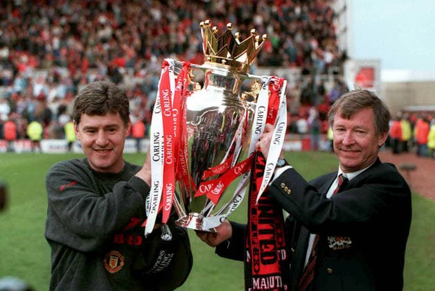 Middlesbrough V Manchester United, ManU Premier League Alex Ferguson of Manchester United and Brian Kidd of Manchester United celebrate with premiership trophy after winning the 1995-96 Premier League after the Premier League match between Middlesbrough and Manchester United at Riverside on May 5, 1996 in Middlesbrough, England. Middlesbrough Riverside England United Kingdom Copyright: xAllstarxPicturexLibraryxLtdx