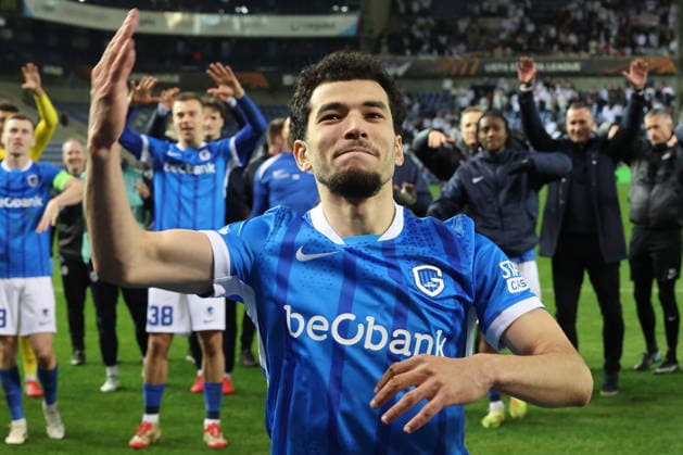 12 03 2026, xrekx, Football UEFA Europa League, KRC Genk SC Freiburg v l Zakaria El Ouahdi KRC Genk Mannschaft, Spieler, jubeln nach Spielende, Team, Player, celebrate at the end of the match DFL DFB REGULATIONS PROHIBIT ANY USE OF PHOTOGRAPHS as IMAGE SEQUENCES and or QUASI VIDEO Genk