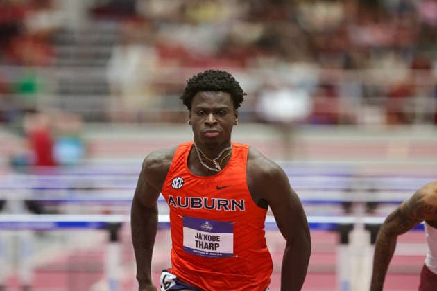 March 13, 2026: JaKobe Tharp of Auburn stretches across the finish line during the 60 Meter Hurdles. The 2026 NCAA, College League, USA indoor track and field finals are being held in Fayetteville, AR. CSM Fayetteville USA - ZUMAcm9_ 20260313_faf_cm9_047 Copyright: xRicheyxMillerx