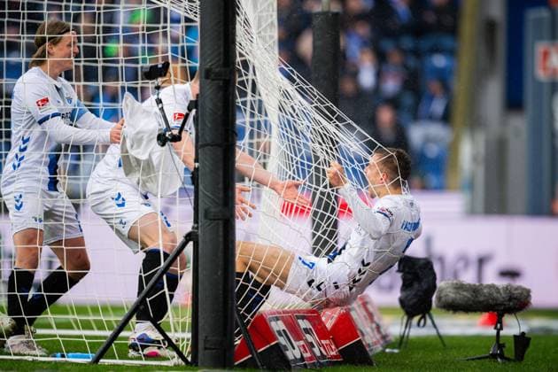 14 03 2026 Soccer, 2025 2026, 2 Bundesliga, Matchday 26, DSC Arminia Bielefeld SC Paderborn 07 Filip Bilbija Paderborn cheers after his supposed goal to 0 1 DFL REGULATIONS PROHIBIT ANY USE OF PHOTOGRAPHS AS IMAGE SEQUENCES AND OR QUASI VIDEO