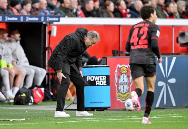 Coach Kasper Hjulmand Bayer Leverkusen Frustration, r Montrell Culbreath Bayer Leverkusen Football 1 Bundesliga, 26 Matchday, Bayer 04 Leverkusen FC Bayern Munich 1 1, on 14 03 2026 in Leverkusen Germany DFL regulations prohibit any use of photographs as image sequences and or quasi video Â