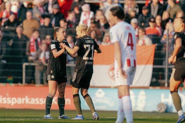 15.03.26, Women, Football, Google Pixel Frauen Bundesliga, Season 2025 2026, 1.FC Köln vs. FC Bayern München, Matchday 20 Magdalena Eriksson ( 5 - FC Bayern München) celebration of the goal for the 0:2 with Georgia Stanway ( 31 - FC Bayern München) Cologne Franz-Kremer-Stadium NRW Deutschland